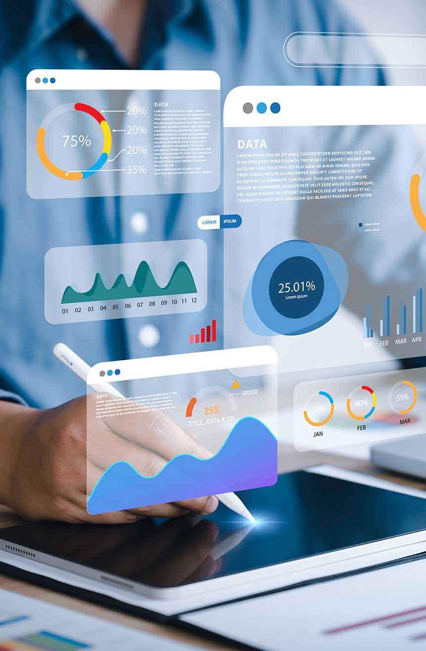 An analyst uses a computer and dashboard for data business analysis and Data Management System with KPI and metrics connected to the database for technology finance, operations, sales, marketing